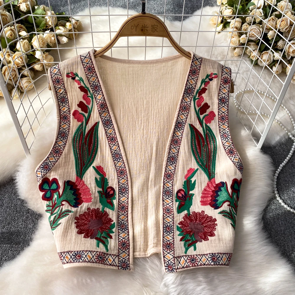 Almighty Holiday Beach Vests Autumn Ethnic Style Vest Women V-neck Embroidery Floral Sleeveless Waistcoat Female Dropshipping