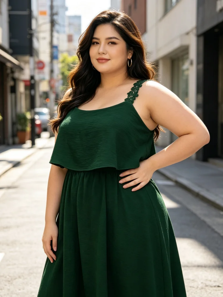 Plus-Size-Midikleid für Damen, Spitze, Spaghettiträger, einfarbig, elastische Taille, A-Linie, locker geschnitten, für den täglichen Gebrauch im Sommer, Urlaub und Strand. – Detail 4