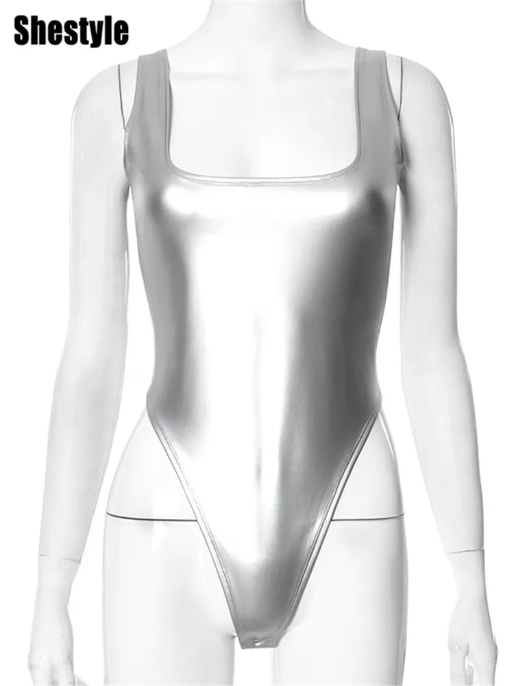 Shestyle الفضة عارية الذراعين تانك الأعلى للنساء عالية الخصر ساحة الرقبة أكمام الصلبة تألق زرر ثونغ مثير داخلية الساخن