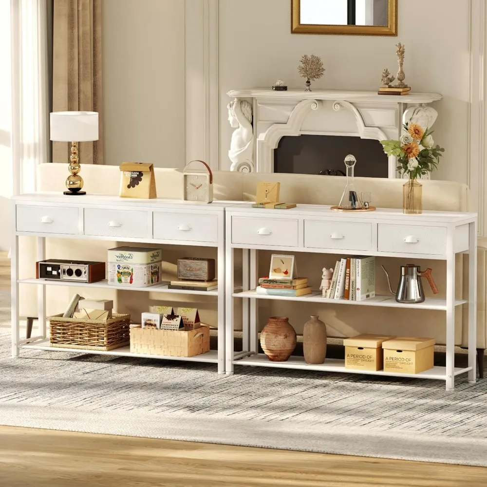 طاولة مدخل بيضاء من Furologee، طاولة أريكة كونسول مقاس 38 بوصة مع 3 أدراج قماشية، طاولة مدخل صناعية مع أرفف تخزين،