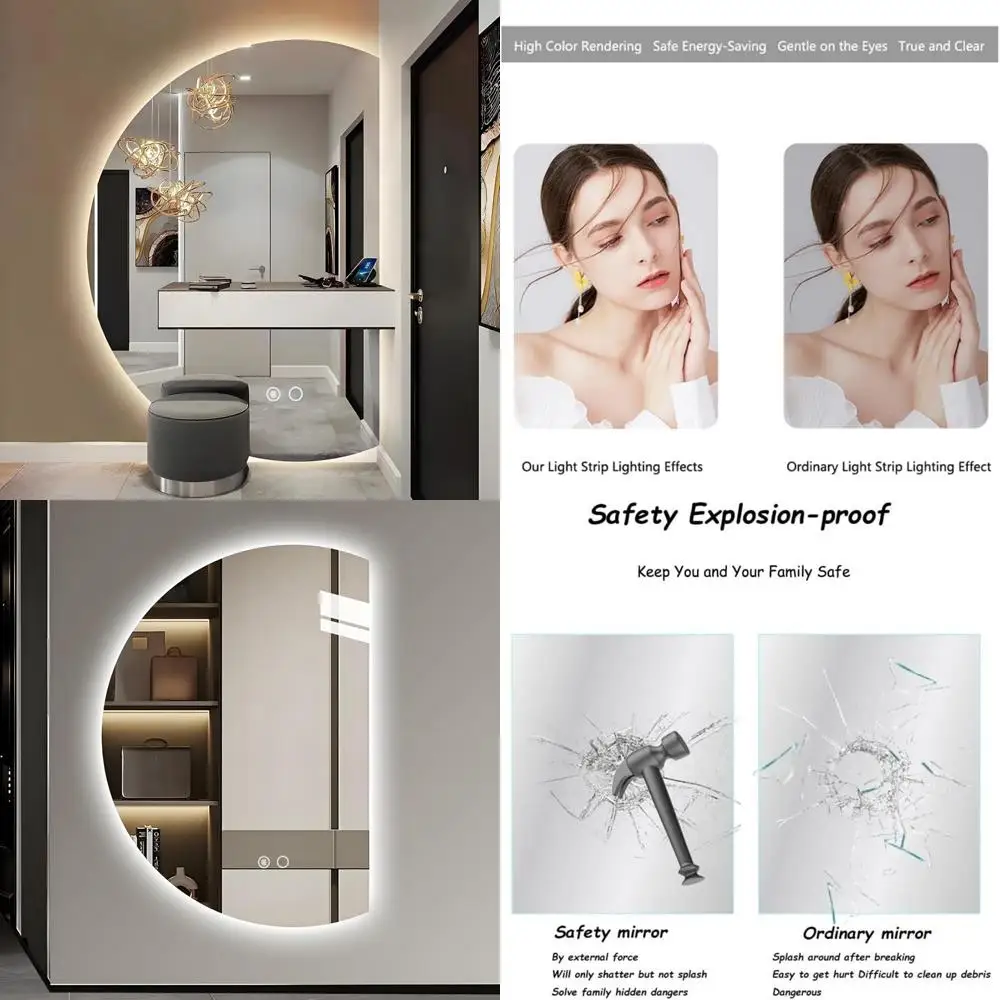 Espelho de parede LED meia lua moderno de 35 x 24 polegadas com recurso de maquiagem inteligente antiembaçante e regulável em 3 cores