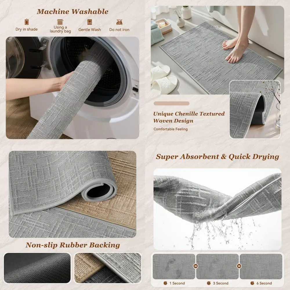 

Anti-Slip, Super Absorbent, Quick-Drying Bath Mat with Rubber Backing, 2x5 Feet, Light Grey, Modern Jacquard Design