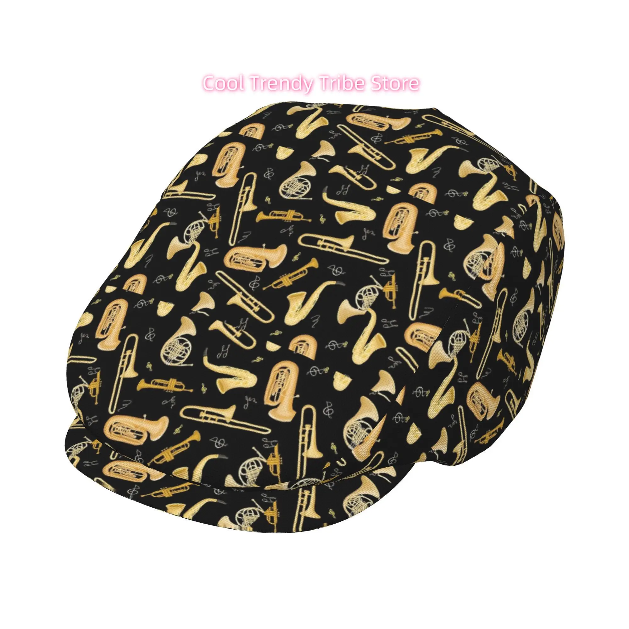 1pc Golden Musical Instruments Pattern, Music, Art Elements All-over printed beret,  newsboy cap, unisex, a must-have fashion ac