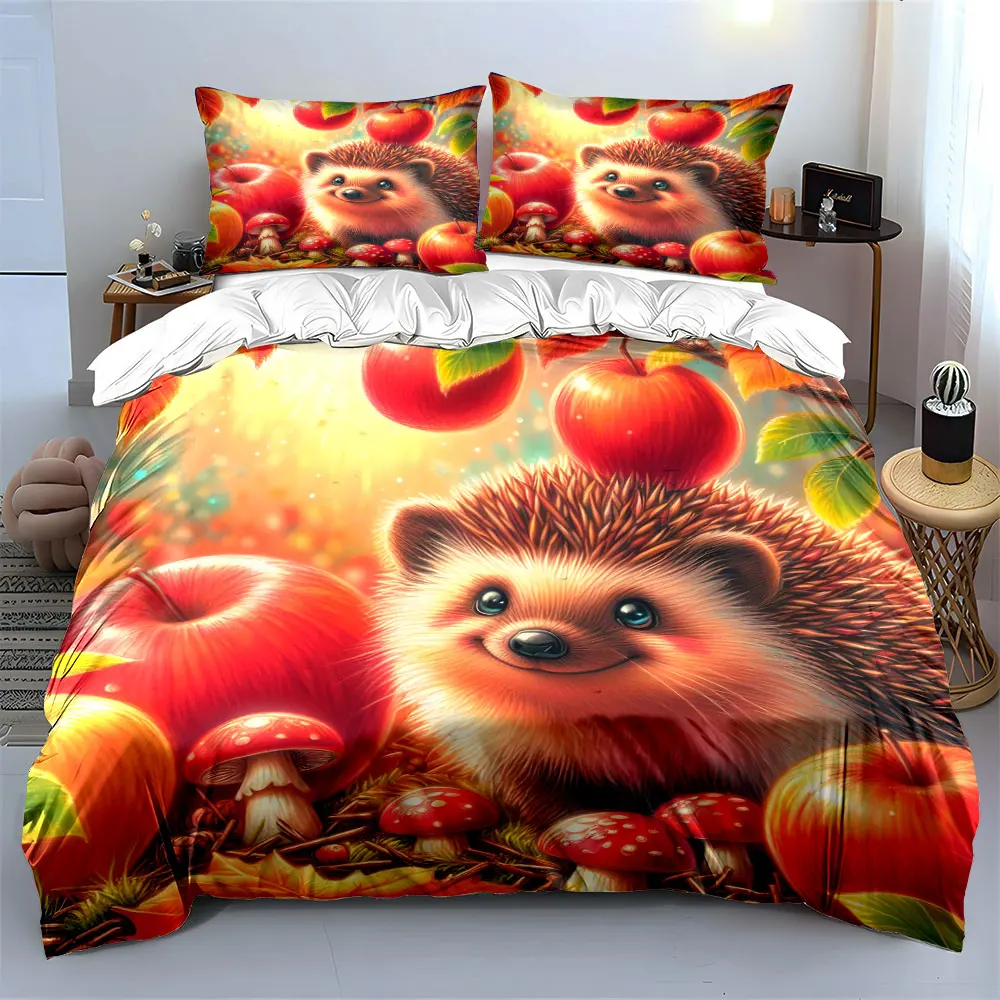 Hedgehog with Apples and Mushrooms in Autumn Printed Duvet Cover Set 1 Duvet Cover+2 Pillowcase Multi Size Bedroom Decoration