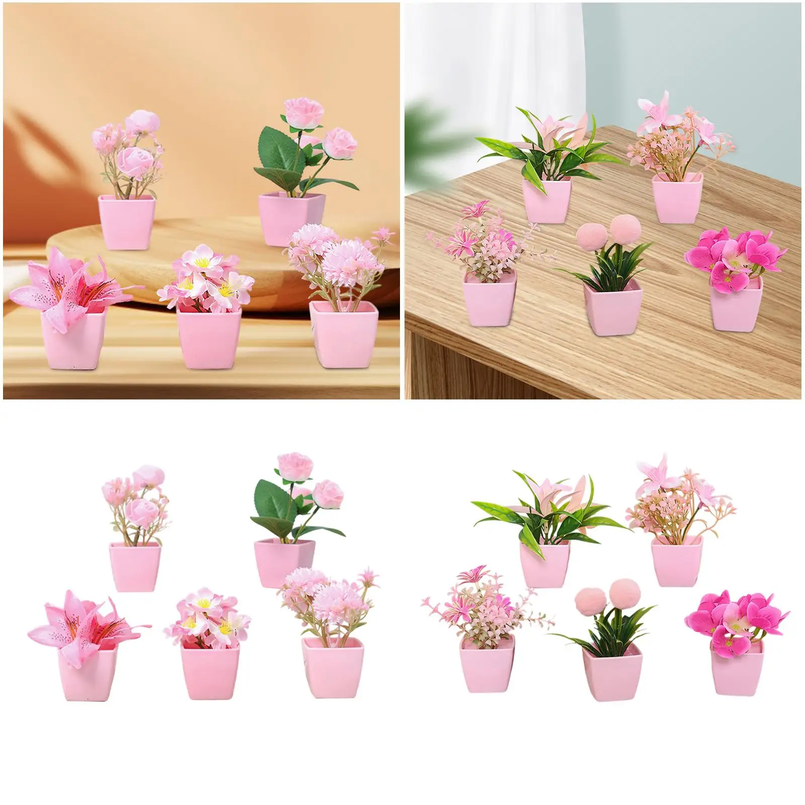 5x Pink Simulated Flowers Faux Mini Potted Plants for Bookshelfcabinet Party