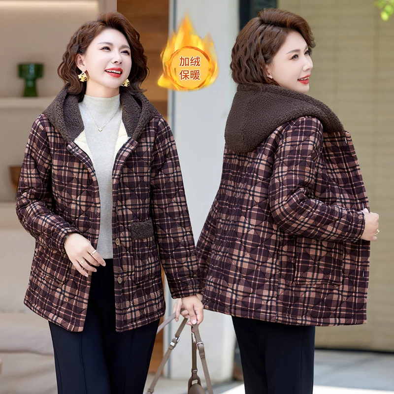 Thickened Fleece Lined Hooded Cotton Jacket for Mom Middle Aged And Elderly Women Winter Warm Casual Outerwear