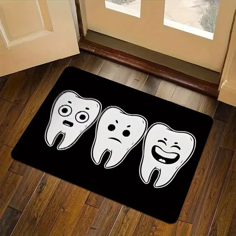 Three Expressive Teeth Print Doormat Cartoon Dental Design Non Slip Floor Mat for Home Bathroom
