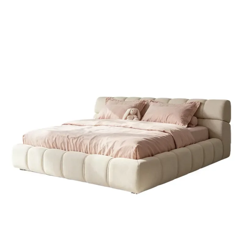 Nordic Cream Fabric Puff Bed Modern Simple Queen Size Double Frame for Master Bedroom Rental Home Decor