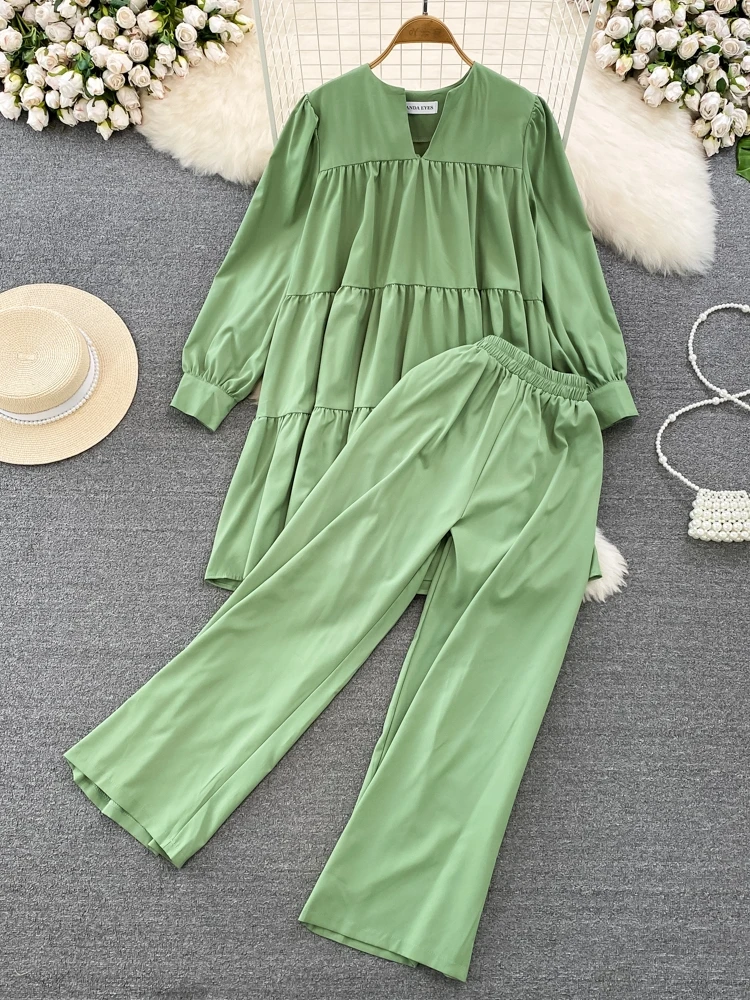 

Faionable Loose Long Sve V-Ne Women's Set Spring Autumn High Waist Slimming Wide Leg Pants Two-Piece Korean Sle