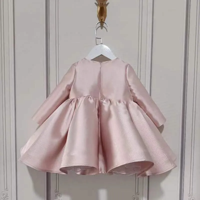 Baby Girl Princess Silk Pearl Dress Long Sleeve Infant Toddler Child Vintage Bow Vestido Party Pageant Birthday Clothes 1-14Y