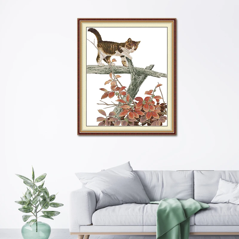 The Cute Little Cat On The Branch Counted Cross Stitch Kits DIY DMC Handmade 11CT 14CT Stamped Embroidery Needlework Home Deco