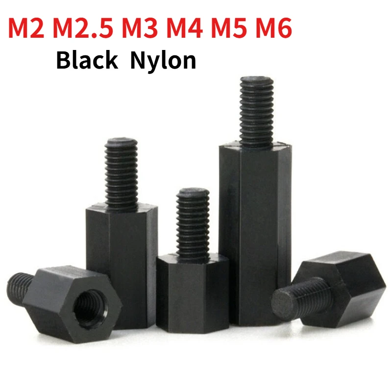 M2 M2.5 M3 M4 M5 M6 Black Hexagonal Nylon Spacers, Male/Female Single-End Threaded PCB Spacers, Plastic Support Posts