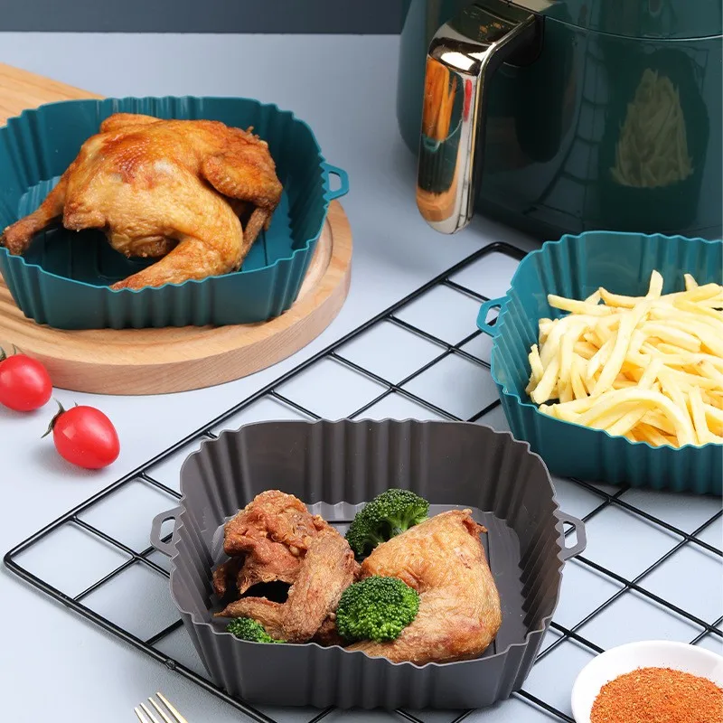 1pc Black Silicone Air Fryers Oven Baking Tray Square Replacement Kitchen Grill Pan Airfryer Kitchen Fried Chicken Basket Mat