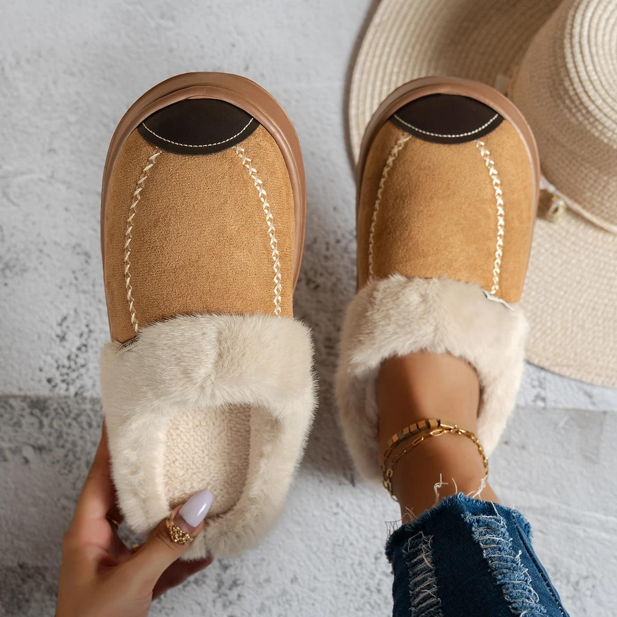 Winter Cozy Furry Platform Slippers Women Embroidery Stitch Suede Soft Fluffy Lining Non Slip Thick Bottom Indoor House Shoes