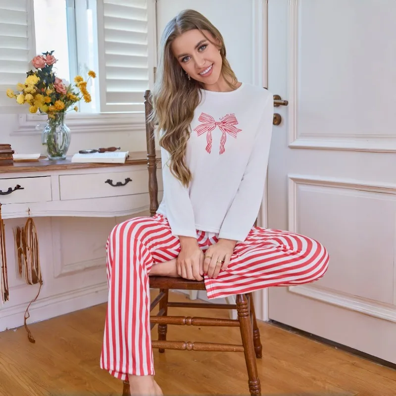 

Комплект из 2 предметов, женский пижамный комплект с бантом, повседневная мода, длинные брюки с длинными рукавами, домашняя одежда, мягкая и удобная одежда для дома