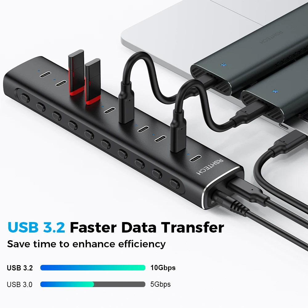 RSHTECH 10-Port USB 3.2 Hub Type-C 10Gbps Data Ports Splitter and 12V/5A Power Adapter Aluminium USB Extender for Desktop Laptop