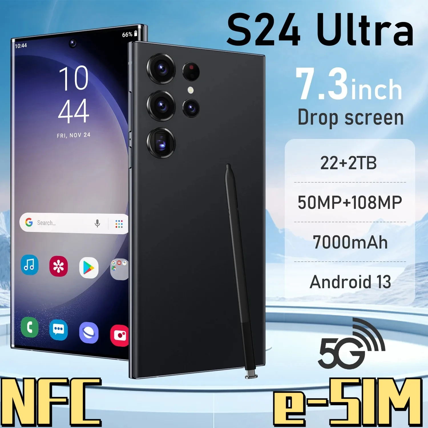 

2024 New Global Edition S24 Ultra Flagship Smartphone 22GB+2TB 7.3 HD Screen 5G+ Dual Sim 108MP Android13 7000mAh 10 Core NFC