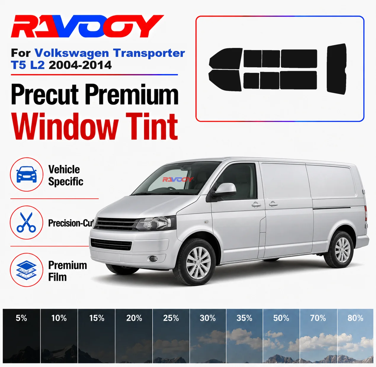 Premium Precut Window Tint Kit Front Rear Windows Rear Windshield For Volkswagen Transporter T5 L2 2004-2014 Nano Ceramic Film