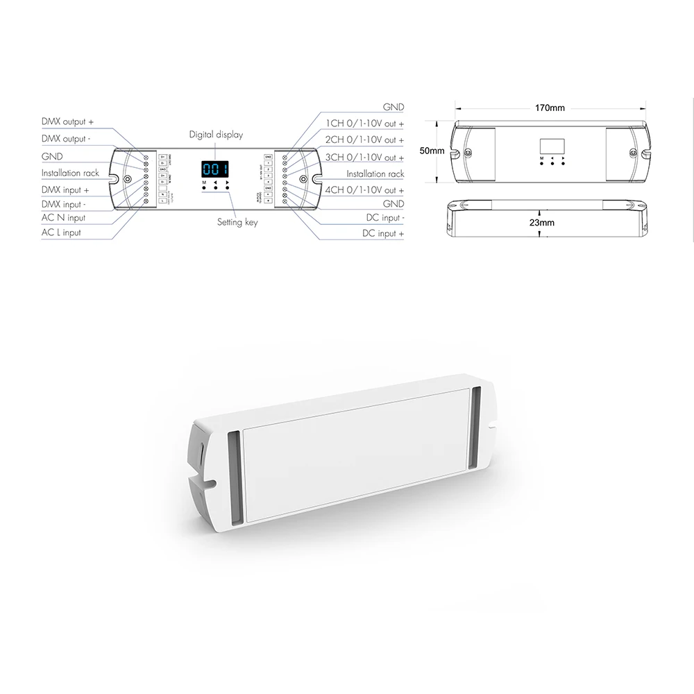 Skydance DL-L AC110-220V/DC12-24V 4Ch RDM DMX512 To 0/1-10V Converter Numeric Display Signal Decoder For Single color LED strip