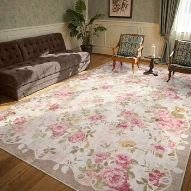 Newest Big Carpet Vintage Pink Watercolor Rose Floral Large Area Rug Non Slip Farmhouse Bedroom Carpet