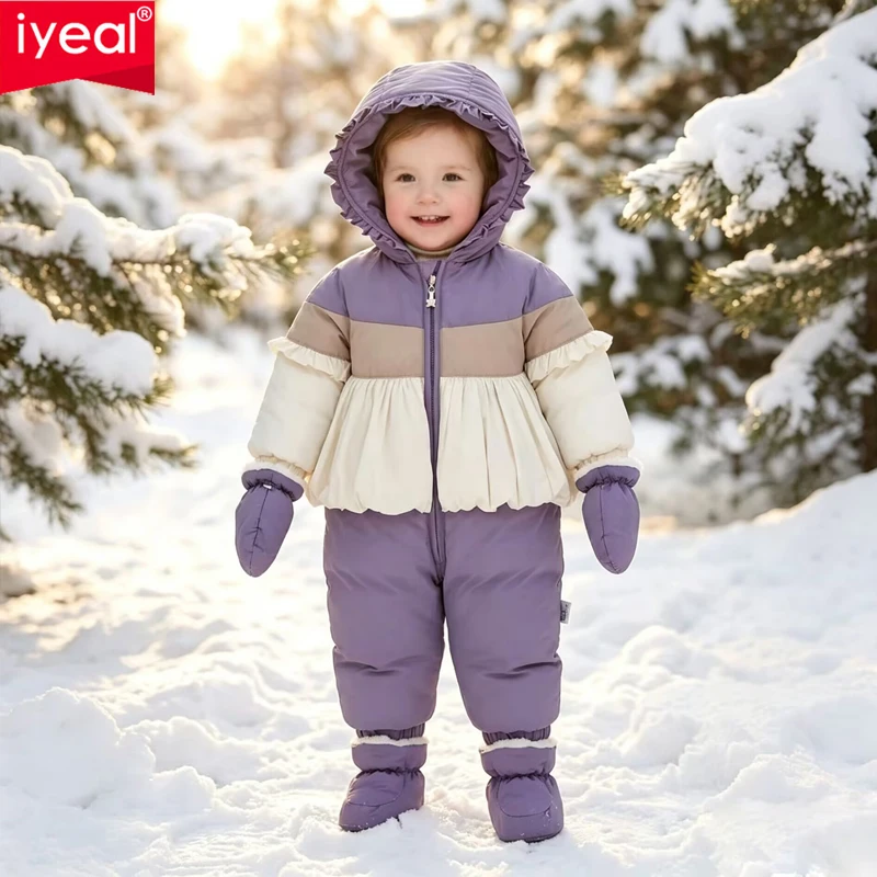IYEAL Baby Ruffle Hooded Toddler  Winter Jumpsuit Infant Ski Suit with Gloves & Booties, Thick Warm Waterproof Baby Snow Outfit