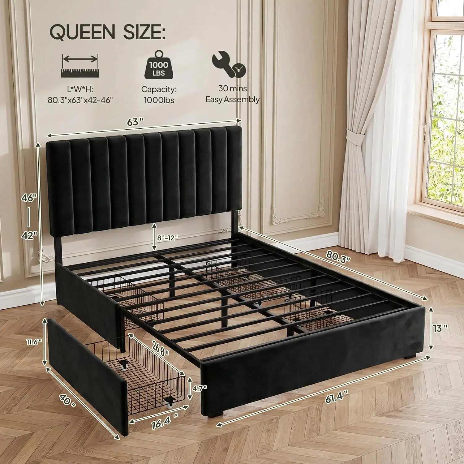 Queen Upholstered Bed Frame Headboard 4 Drawers Storage Platform Metal Slats No Box Spring Bedroom, Customized