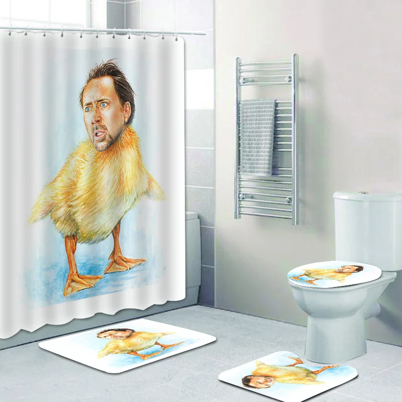 Novelty Nicolas Cage as Shreck Bathroom Shower Curtain Set for Toilet Nicolas Cage Bathroom Curtains Mats Rugs Home Decor Gift