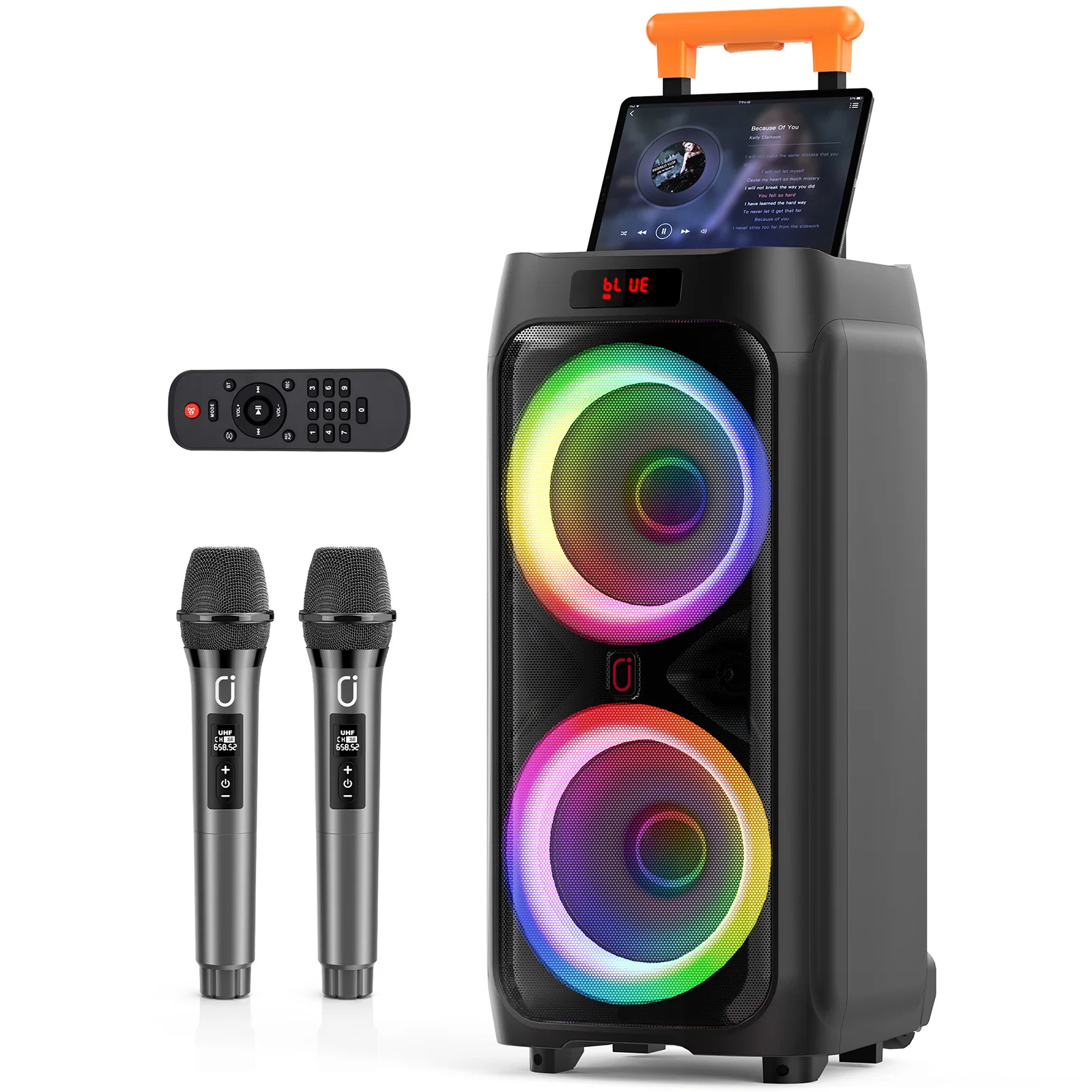 Máquina de Karaoke T9 con 2 micrófonos inalámbricos, altavoz de fiesta Bluetooth grande de 8" con potencia máxima de 500 W, ruedas rodantes y Tolley