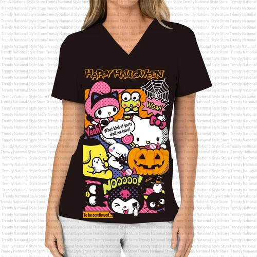Camiseta de Halloween para mujer, uniforme de trabajo con estampado de Hello Kitty, Top exfoliante con bolsillo y cuello en V para mujer, camiseta para el cuidado Dental médico