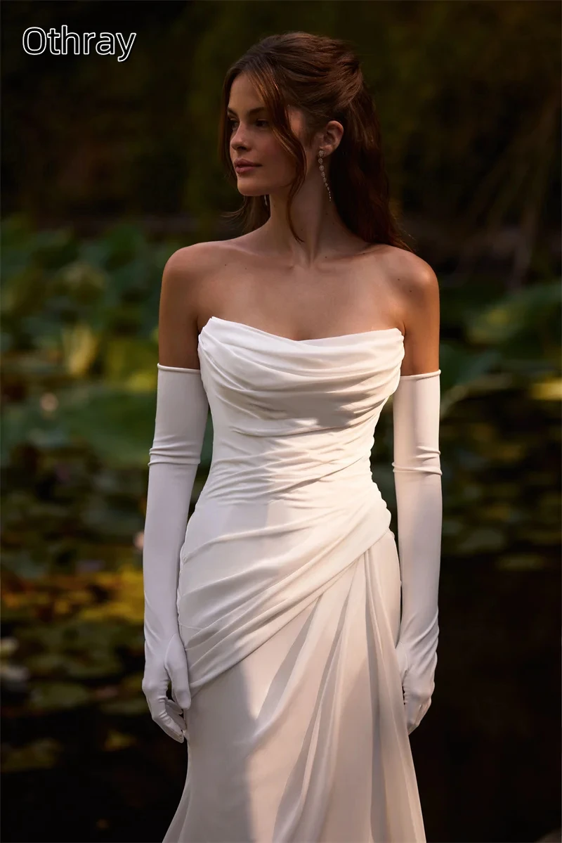 Strapless 인어 웨딩 드레스 민소매 Ruched Coset 뒤로 신부 가운 스윕 기차 맞춤형 Vestidos De Noiva