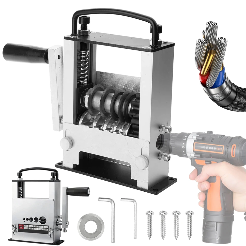 Machine à dénuder les fils manuelle avec 6 canaux d'entrée de câbles de 3-17 mm, fonctionnement par manivelle/perceuse, 5 jeux de lames rigides et trous de fixation - Idéale pour le recyclage