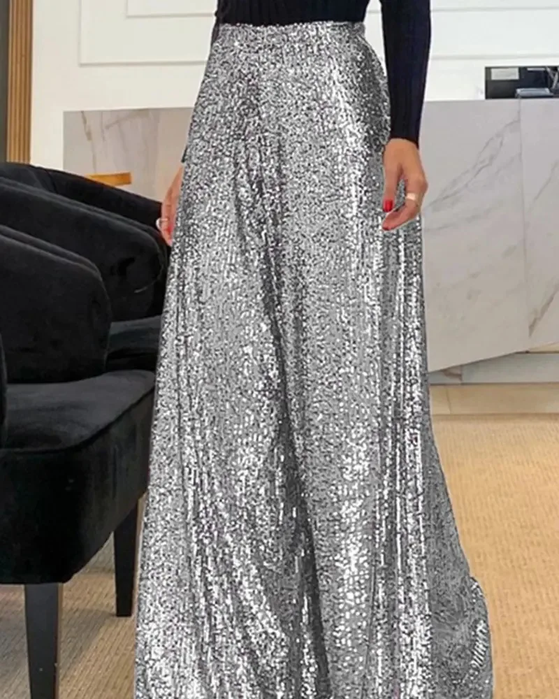 BKLD Sexy Clubwear Women Clothing 2025 Solid Color Wide Leg Pants Fashion Sequined High Waisted Straight Pants Casual Trousers