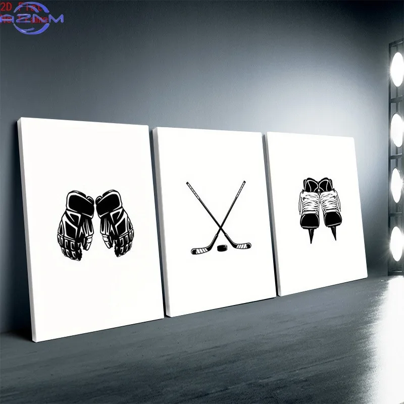 3pcs Frameless Minimalist Hockey Stick, Ice Skates & Punching Sports Poster - Vertical Black/White Suitable for Indoor Home, Do