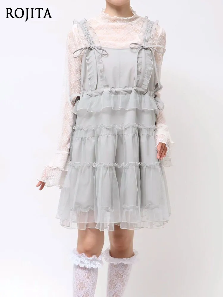Japanese Delicate Tulle Ruffled Drawstring Sweet and Loose Suspender Over Cropped Girly Dress Summer Clothing for Women