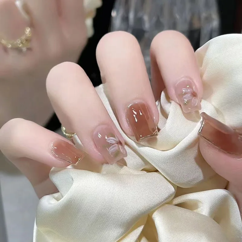 

24Pcs Medium Square Press on Nails - Golden Brown with Green White Floral Design and Silver Edging | Versatile Style