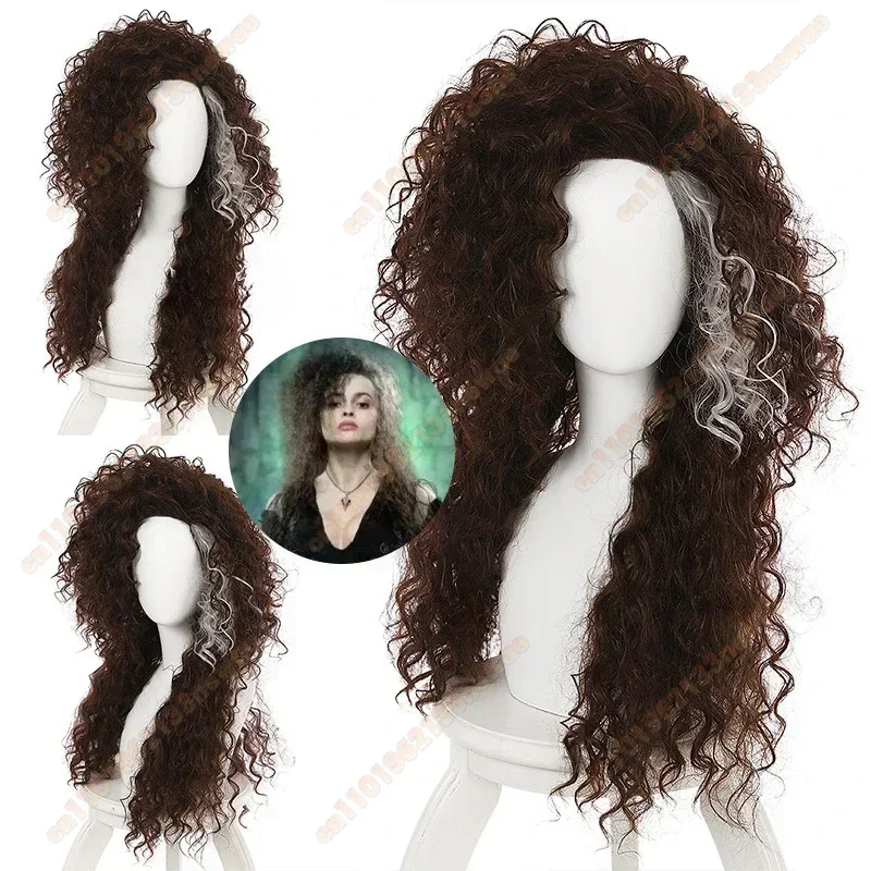 2025 película personaje Bellatrix Lestrange Disfraz largo marrón mezclado ondulado peluca Bellatrix peluca resistente al calor Cosplay disfraz peluca