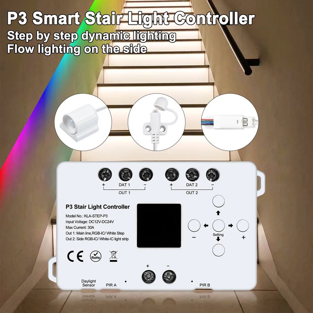 

Motion Sensor Stair Lights Controller 16 20 Steps WS2811 RGB IC Chasing Flow Staircase Light Fast Install COB LED Strip Kit 24V