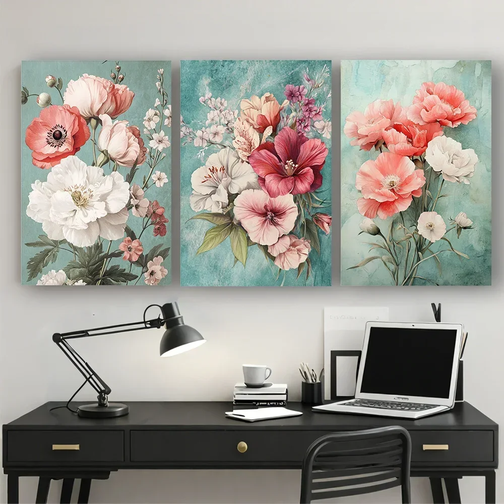3pcs with frame -Beautiful floral triptych wall art vibrant flowers Theme Canvas Wall Art Framed Painting Clearance Sale, 2D
