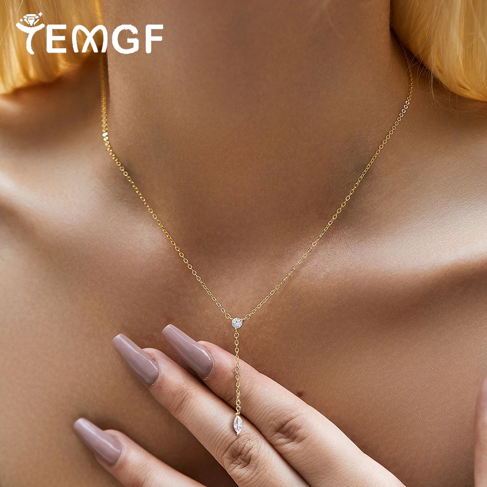 

TEMGF 925 Pure Silver Tassel Necklace Marquise Round Cut D Color Moissanite Pendant for Women Neck Fine Jewelry GRA Certified