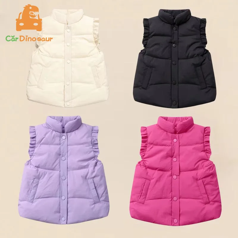 2026 Winter 2 3 4 6 8 10 Years Duck Down Feather Solid Color Single Breasted Stand Collar Outwear Kids Baby Girl Vest Waistcoat
