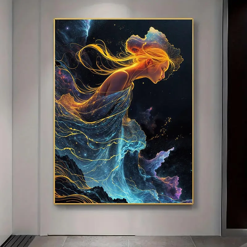 1pc Frameless Modern Canvas Art Canvas PaintingGolden-Haired Girl with Cosmic Background, Vibrant Blue & Purple Swirls, Perfe