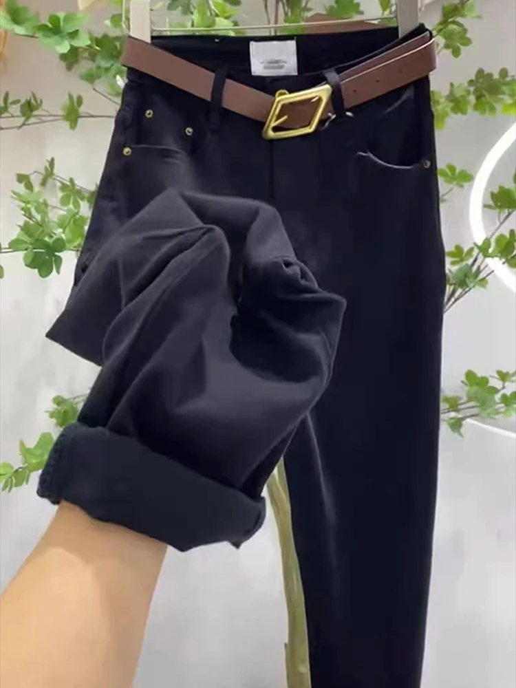 Elástico de cintura alta perna reta jeans feminino primavera e outono cor sólida versátil nove pontos harlan cenoura calças