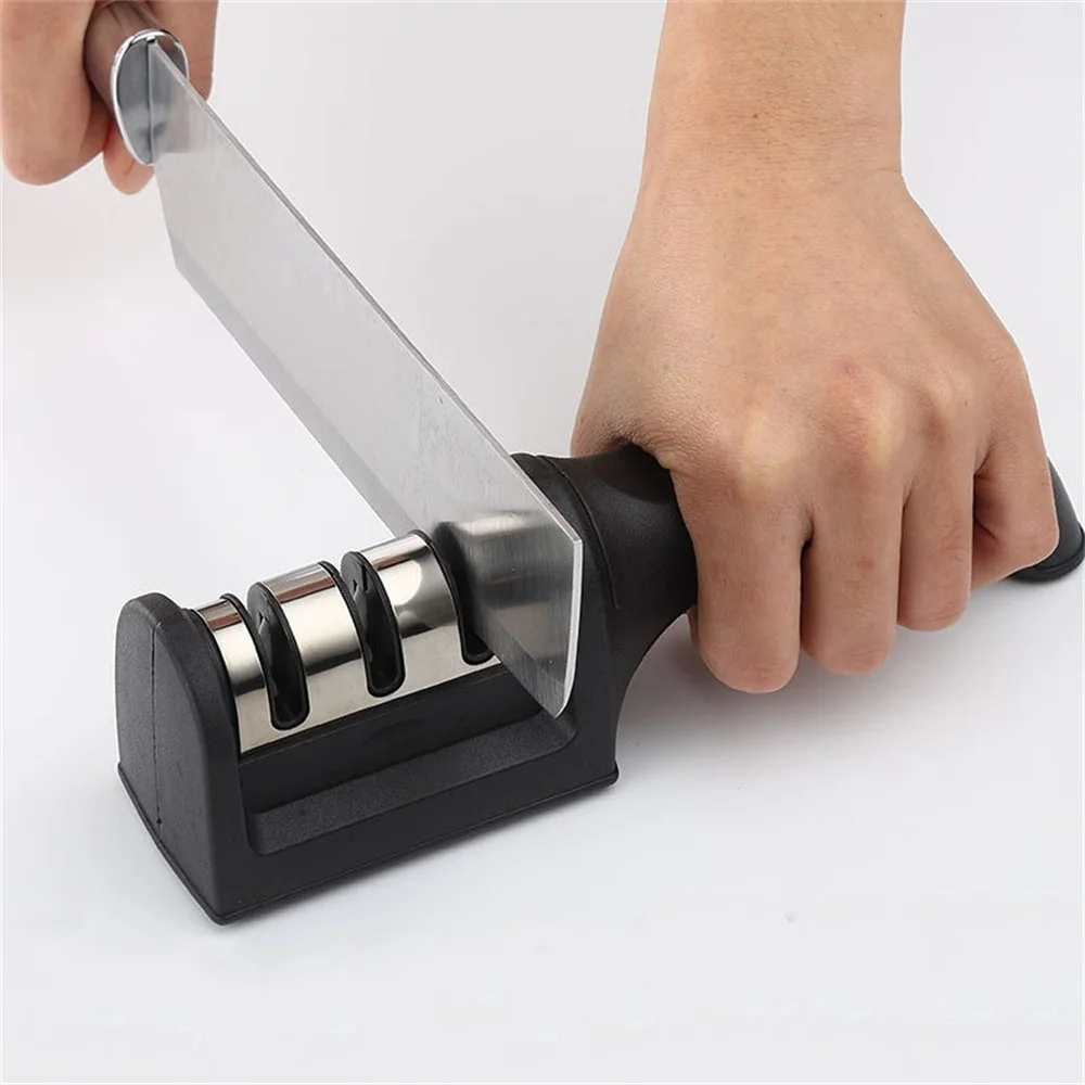 1Pc Knife Sharpener Handheld Multi-Function Quick Sharpening Tool With Non-Slip Base Tungsten Steel Kitchen Gadget 3-Stage Type