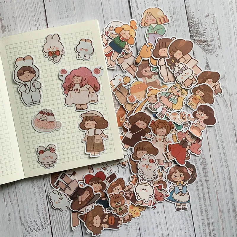 Light Vintage Bear Rabbit Girl Character Stickers Decorative Decals for Journal Album Laptop Phone Case Scrapbook