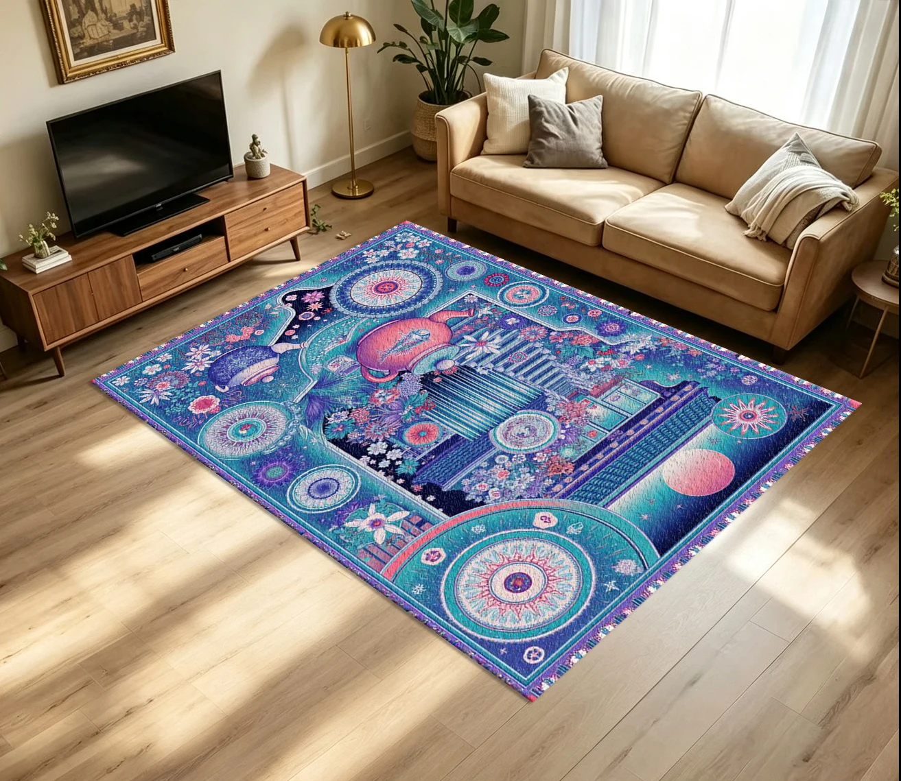 Fantasy Teapot Cosmic Floral Carpet Flooring Psychedelic Art Printed Floor Rug for Household Indoor Room Home Ornament
