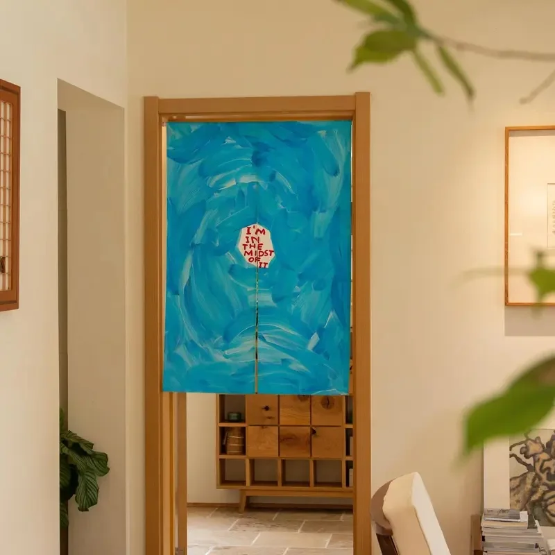 VIKAMA Creative Graffiti Door Curtain Bold Blue Paint Stroke and Quote Print Noren Curtain for Kitchen Bedroom Entrance