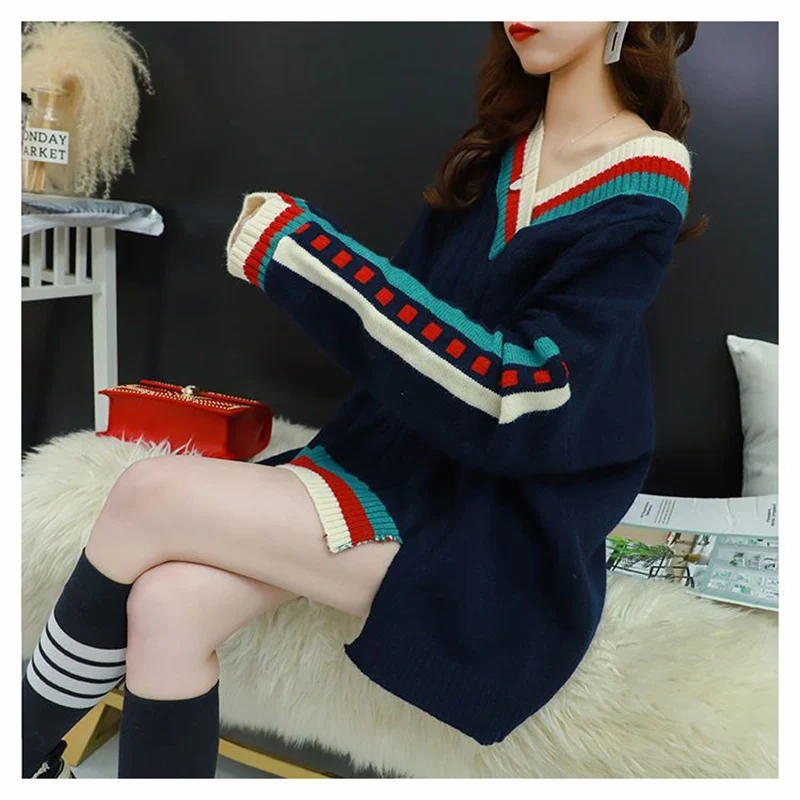 Fashion V-Neck Spliced Loose Asymmetrical Sweaters Female Clothing 2023 Autumn Winter Oversized Casual Pullovers Korean Tops