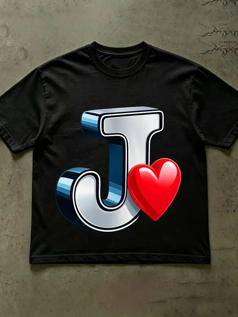 Printed T Shirt With Charming Heart Design And Letter J Feature Casual Minimalist Short Sleeve Round Neck Streetwear Style Gift
