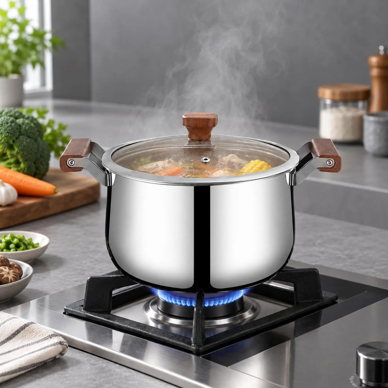Stainless Cooking Steamer 3 Ply Soup Pot with Glass Lid Wooden Handles for Home Kitchen Simmering