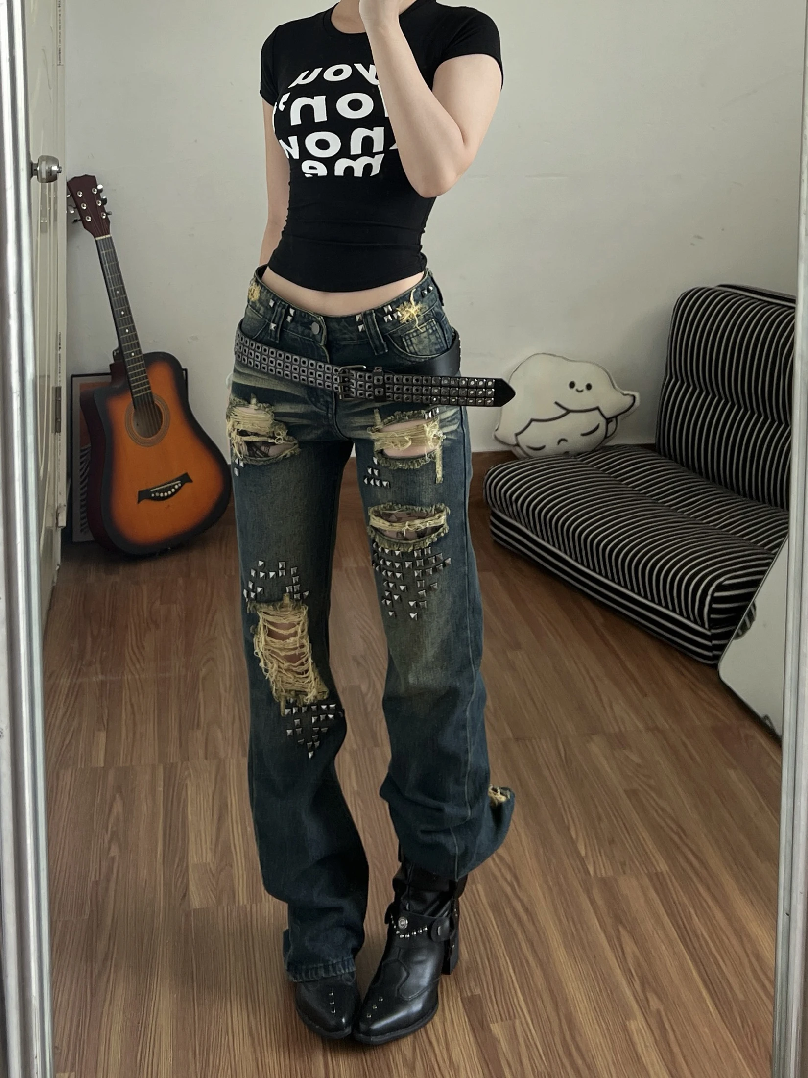 Retro American Hole Denim Jeans Women's Fashion Street Rivet Splicing Design Sensation Sexy Long Pants Trendy High Waist Stra...